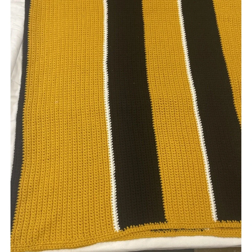 Vintage Handmade Afghan‎ Blanket Throw Crochet Knit Striped BLACK & GOLD 66